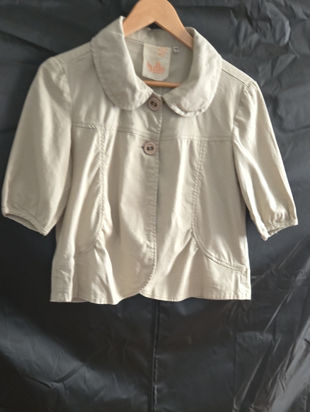 Tulle Short-Sleeve Button Front Jacket in Light Cream
